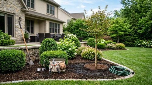 Pruning and seasonal cleanup work around a residential property.